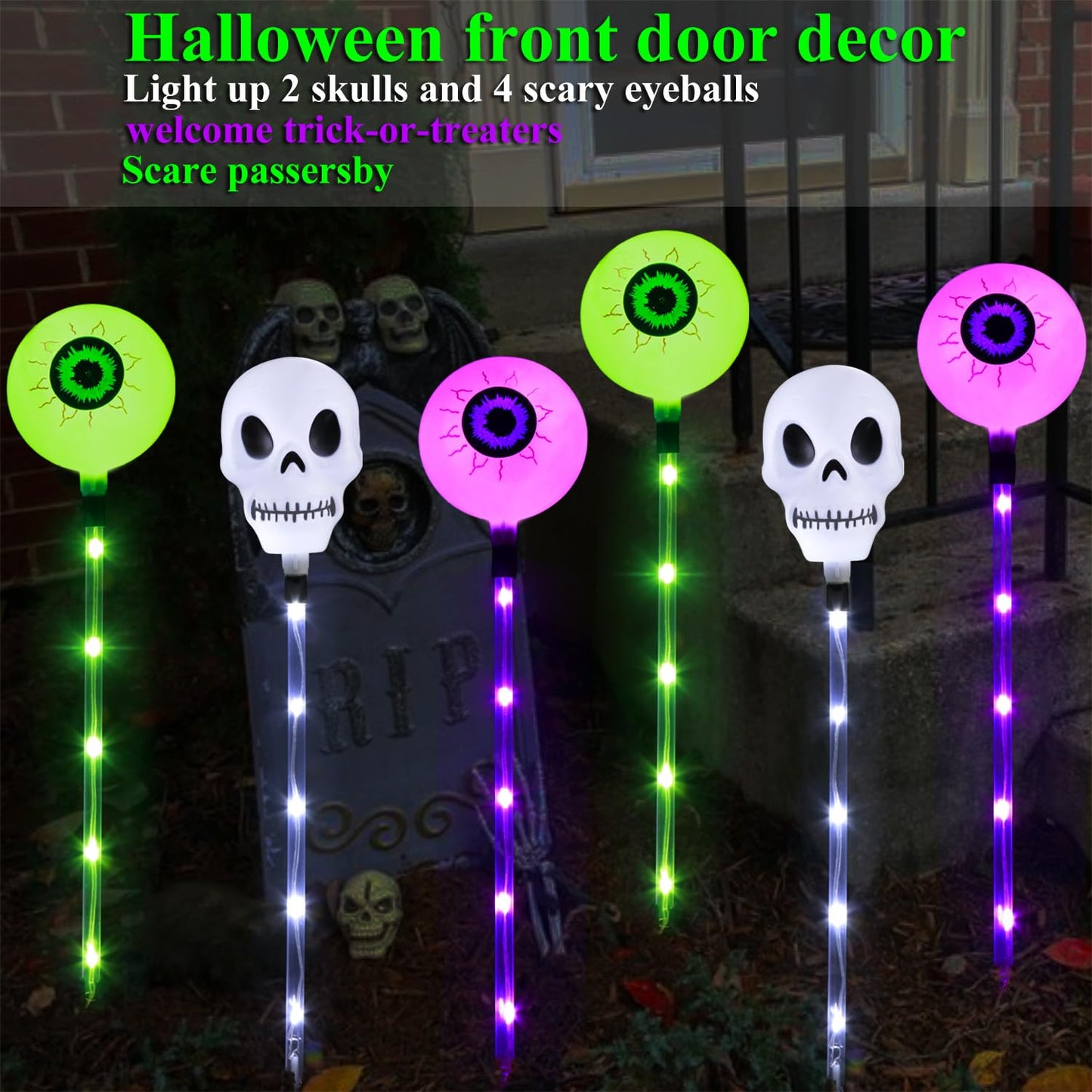 Mankinlu Halloween Decorations Outdoor Solar Garden Lights,6 Pack Scary Eyeball Skull Outside Decor,8 Modes Solar Halloween Lights for House Grave Patio Yard Lawn Pathway Halloween Party Ghost Decor