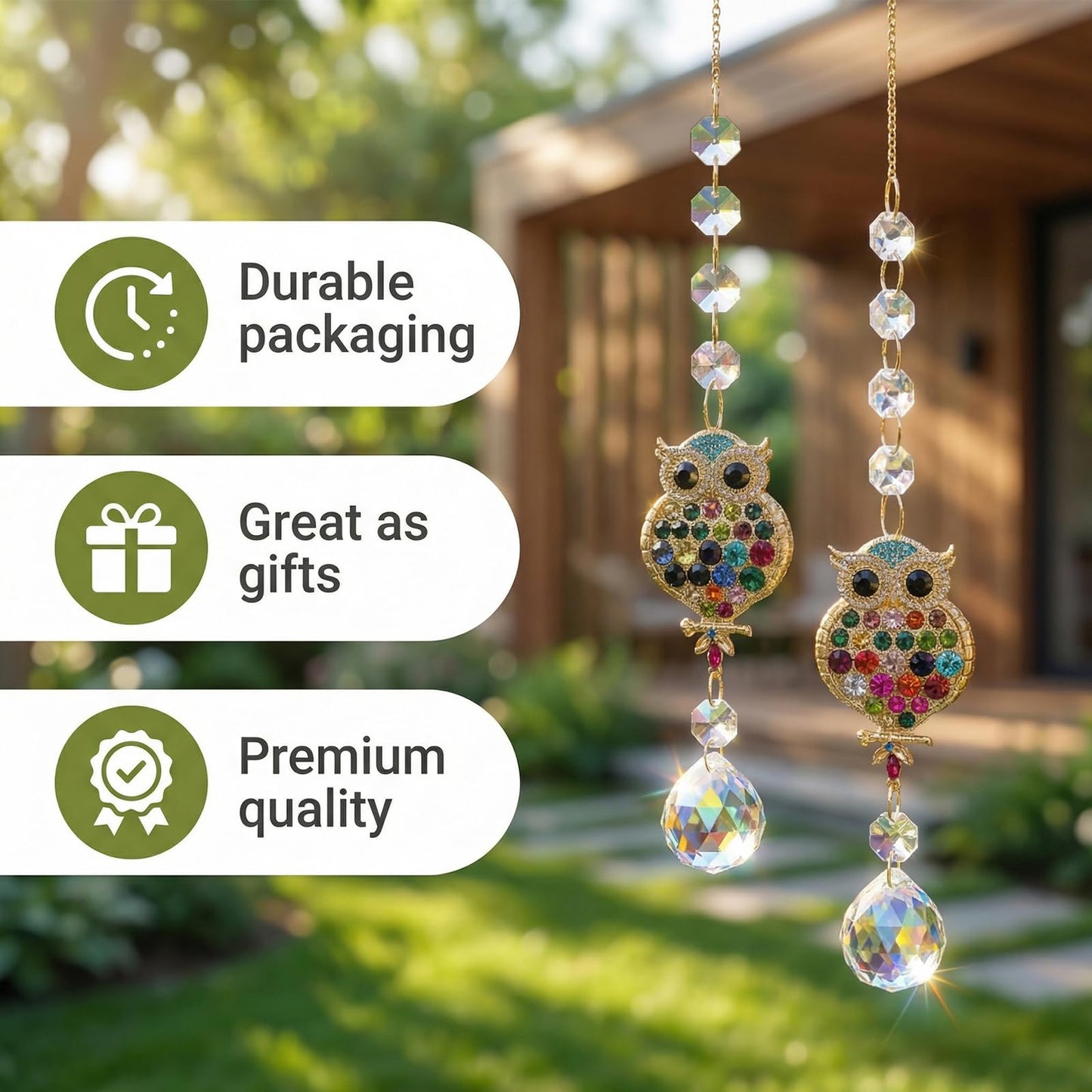2Pcs Rhinestones Owl Crystal Suncatcher for Windows Hanging, 15.7In Prism Sun Catcher with Chain and Hook,Rainbow Maker for Home Garden Ceiling,Christmas Birthday Wedding Party Owl Gifts