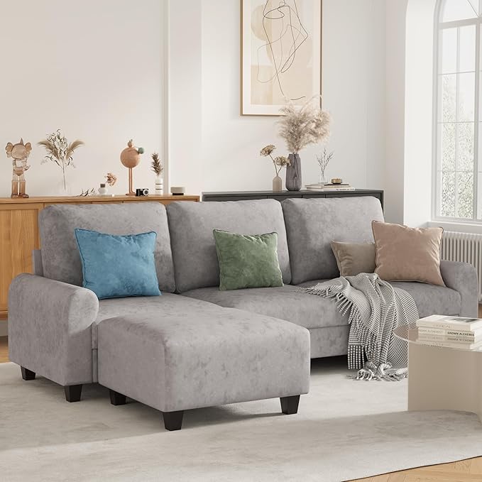 EASE MOOSE Large Seat Velvet L-Shaped Sofa, Soft 4 Seat Couch