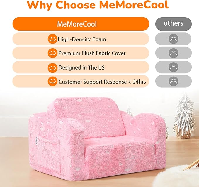 MeMoreCool Glowing Unicorn Kids Chair, 2-in-1 Glow in the Dark Kids Couch Fold
