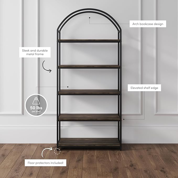 Nathan James Haven Etagere Bookshelf, 5-Shelf Bookcase in Nutmeg Wood and Black