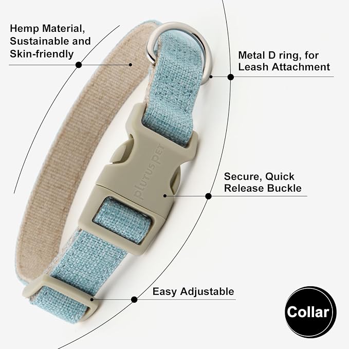 Plutus Pet Cotton Hemp Dog Collar and Leash Set, Adjustable Collar for Small, Medium, and Large Dogs, Heavy Duty and Soft on Skin, Light Blue, XS