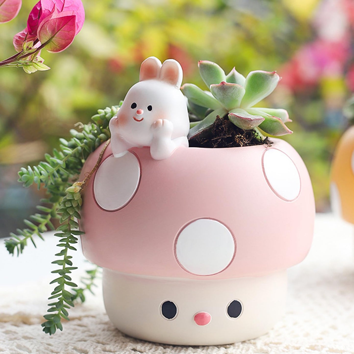 EOBTAIN Unique Mushroom Planter Pot Cute Animal Rabbit Pink Resin Succulent Small Pots for Indoor Plants Mini Cactus Planter Pots Living Room Office Table Decor,Mushroom Lover Gifts,4 Inch