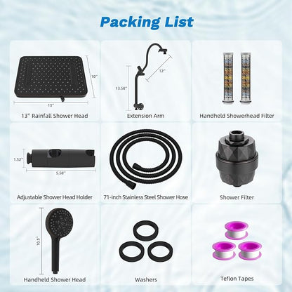 Hibbent 5-spray Dual Filtered Rainfall Shower Head Combo, High Pressure 13'' Showerhead with 10 Spray Handheld, Easy Reach 4-way Diverter Arm with Pause Mode, 71'' Hose & Holder, Oil-Rubbed Bronze
