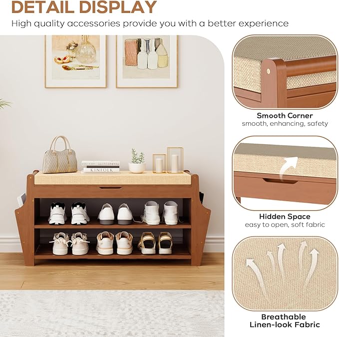 oakvivo 34.3in Shoe Bench, Bamboo 3-Tier Entryway Bench