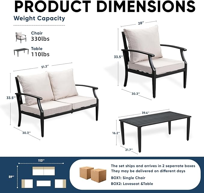 4 Piece Outdoor Patio Furniture Set, Oversized Metal Conversation Set