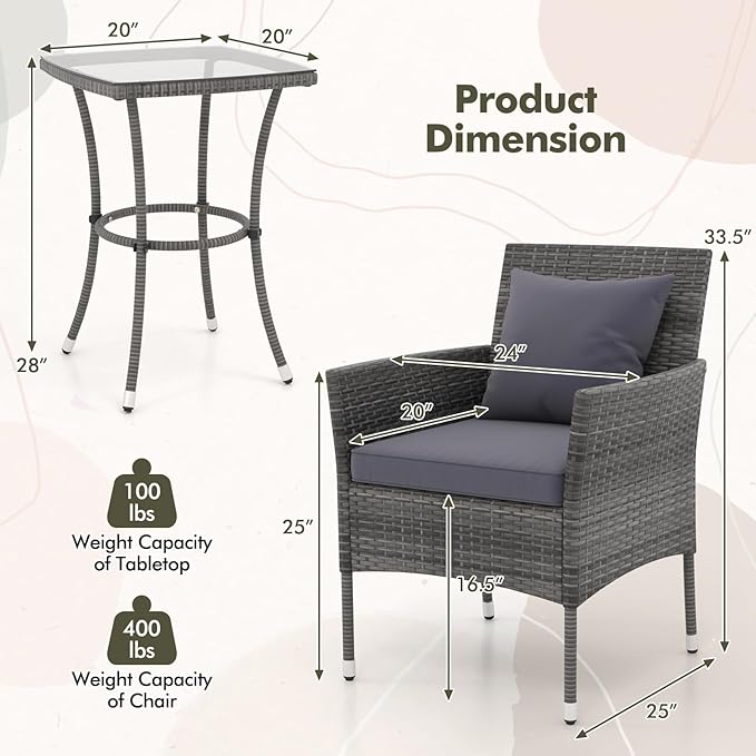 Tangkula 3-Piece Patio Furniture Set, PE Wicker Conversation Bistro Set w/A