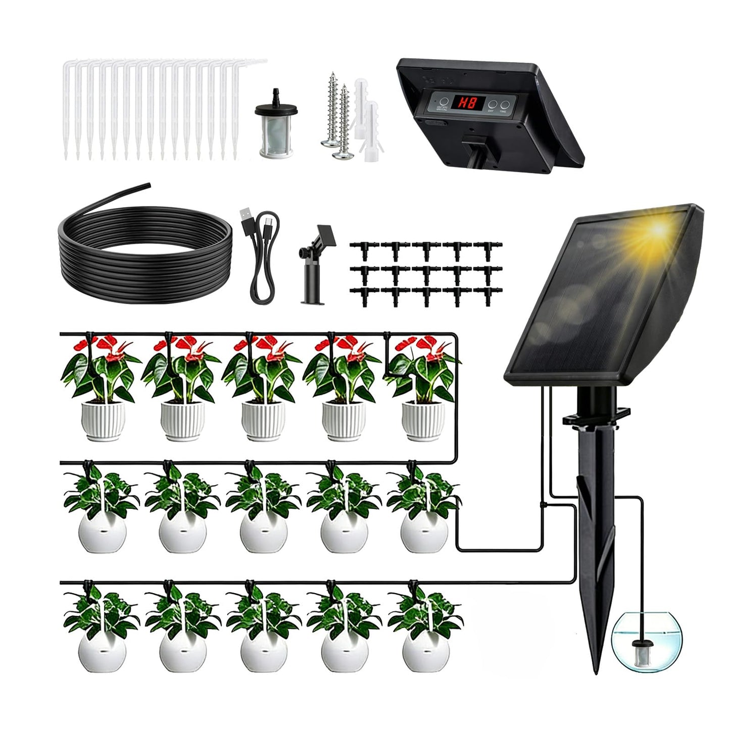 Vonloge 49FT Solar Drip Irrigation System, Automatic Watering Irrigation Kit for 15 Potted Plants, Auto DIY Watering System Plant Water Devices with Timer for Greenhouse Balcony Indoor Outdoor
