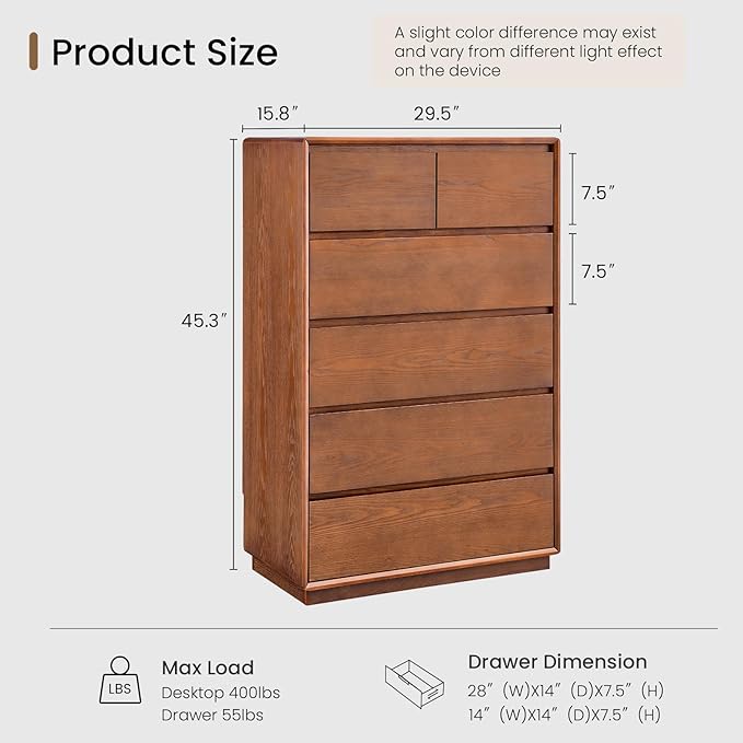 Solid Wood Dresser for Bedroom, Natural Solid Wood 6 Drawer Dresser, 45.3" Tall