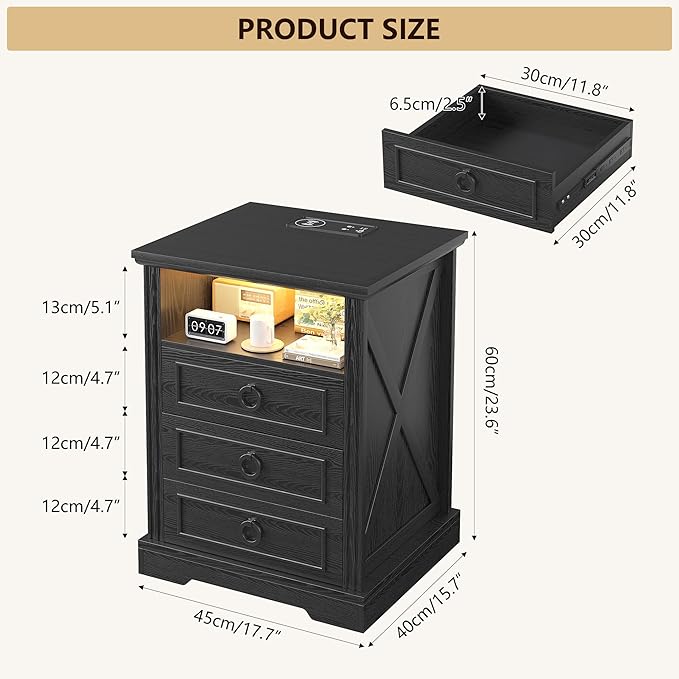 Nightstand Set 2 with Charging Station, Farmhouse End Side Table with 3 Drawers