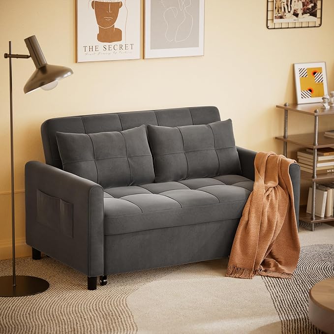 Gizoon 3 in 1 Velvet Sleeper Sofa Bed, 52 Inch 2-Seat Pull Out Couch