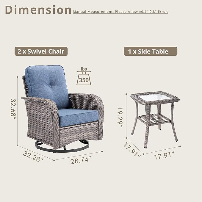 Weaxty Outdoor Swivel Rocker Patio Chairs, 3 Pieces Patio Furniture Set