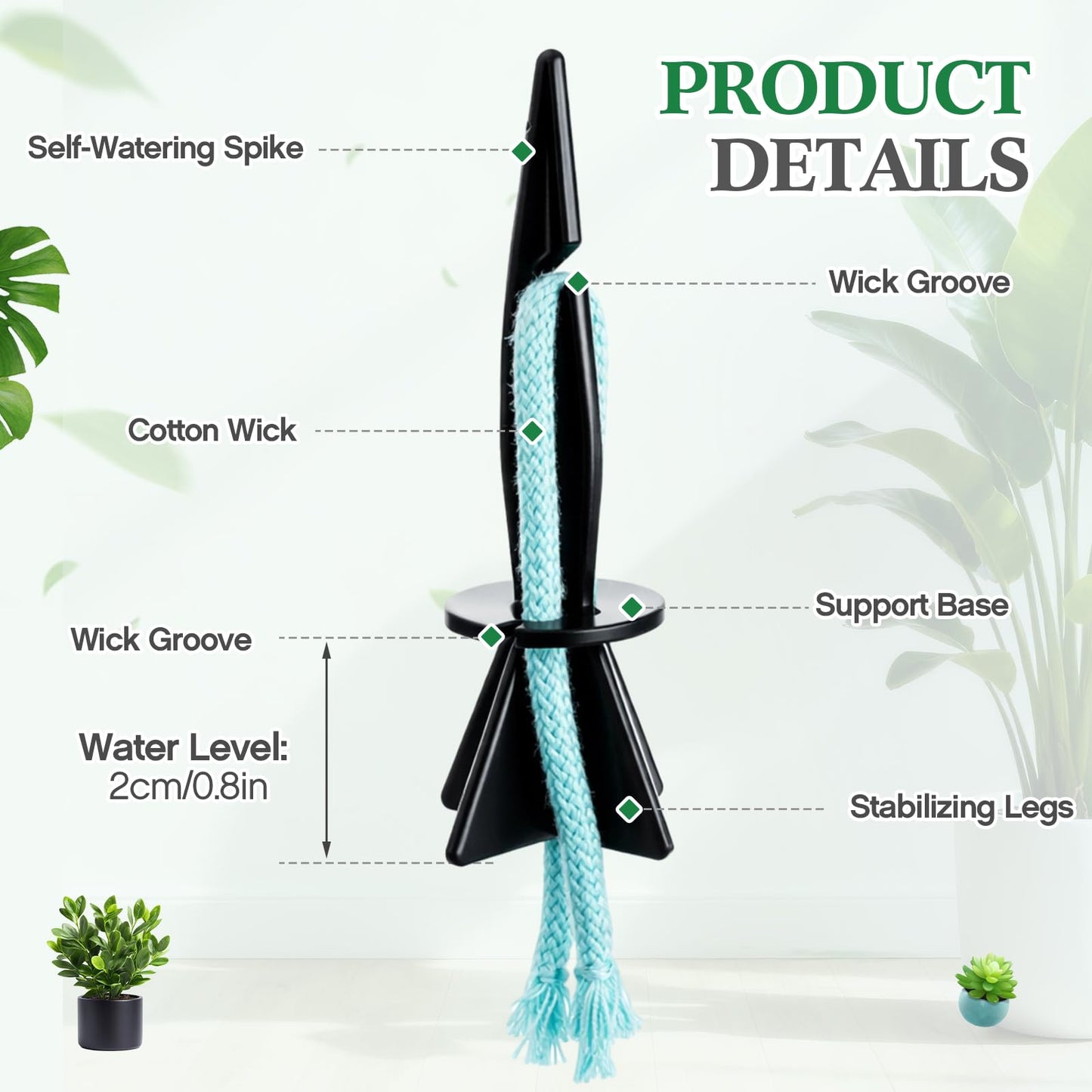 Singhoow 20 Pack Self Watering Spikes for Indoor Outdoor Plants, Automatic Plant Watering Stakes with 32.8ft Capillary Wick Rope, DIY Vacation Waterer for Potted Plant Seedling Garden Pot (Small)