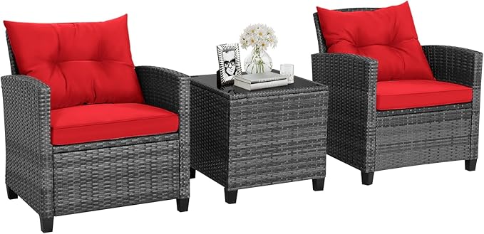 HAPPYGRILL 3 Pieces Patio Conversation Set, Outdoor Furniture Set PE Rattan