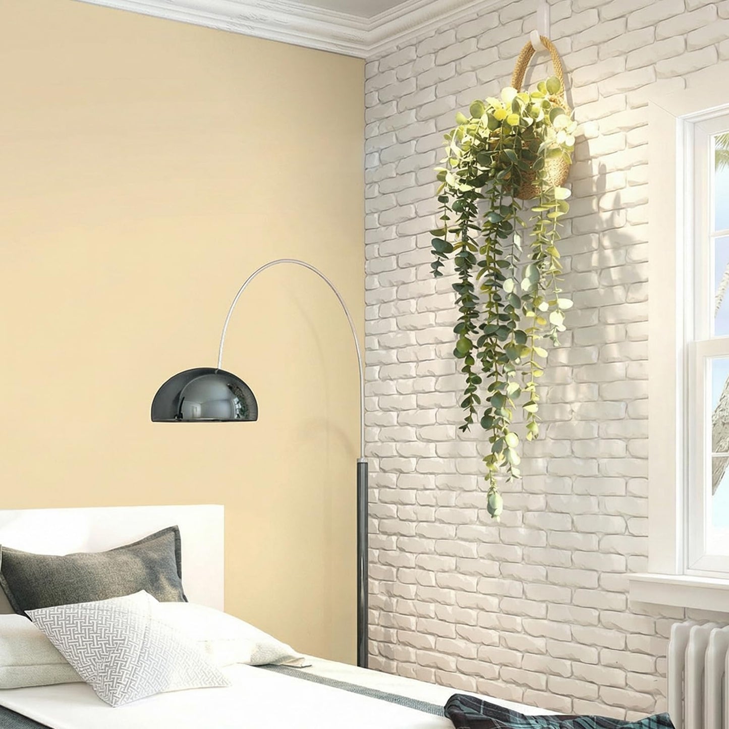 HOFMEFY Fake Hanging Plant Decor Indoor, Eucalyptus Artificial Faux Plants in Wall Woven Planters, Jute Hanger with Black Pot Soft Green 1PCS 23Inch Long