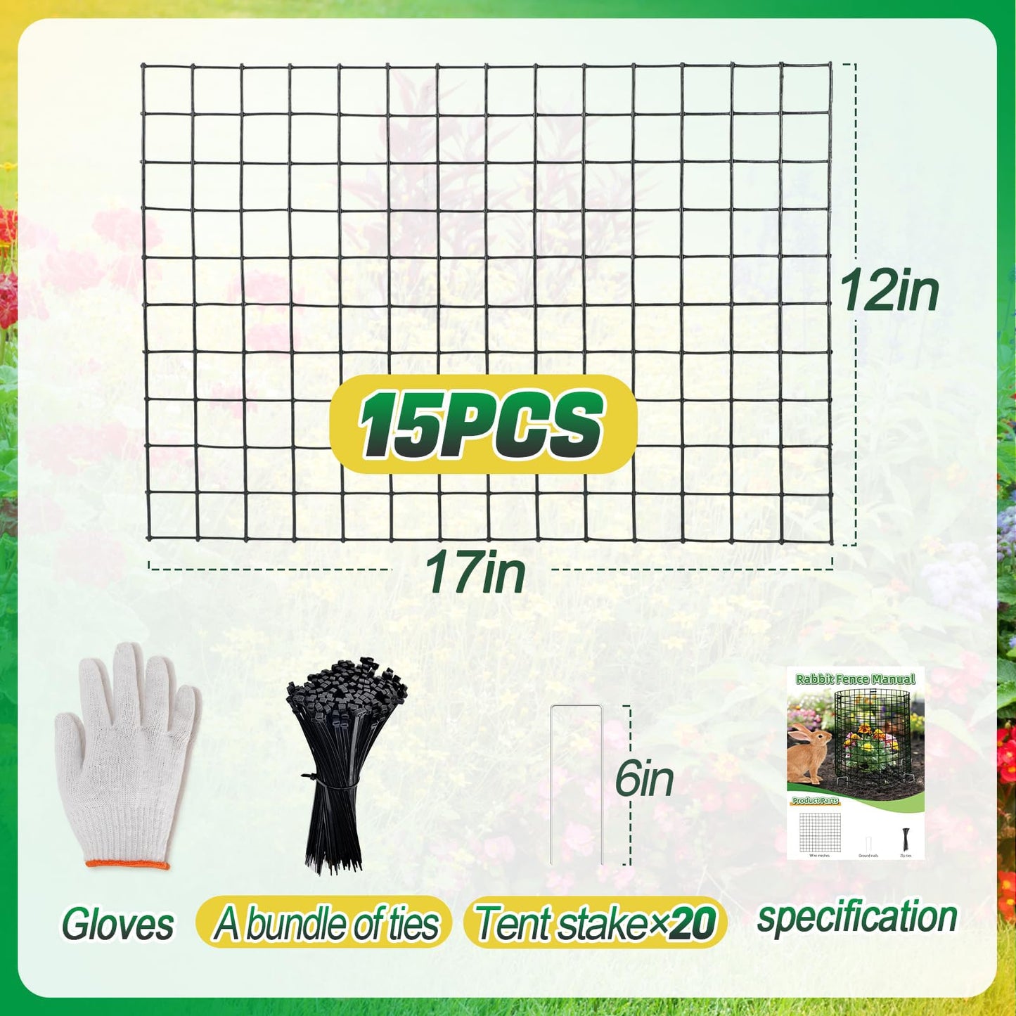Alphatool 5 Packs Plant Protectors from Animals - 15pcs 17''L*12''H Easy to Bend Chicken Wire Nets Plant Cages Covers for Rabbits Squirrels Deers, Garden Bunny Barricades with Ties, Stakes, Gloves