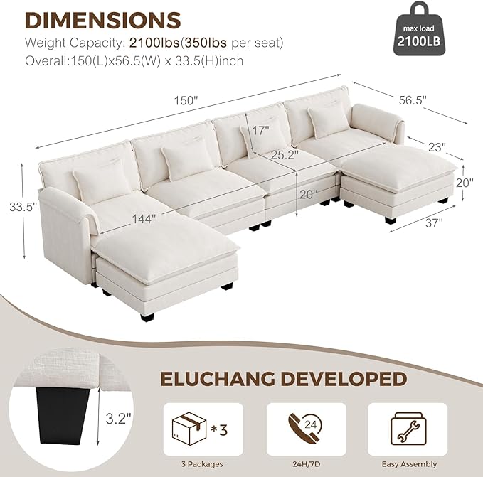 ELUCHANG 150'' Modular Sectional Cloud Couch, Modern Comfy Chenille U Shaped