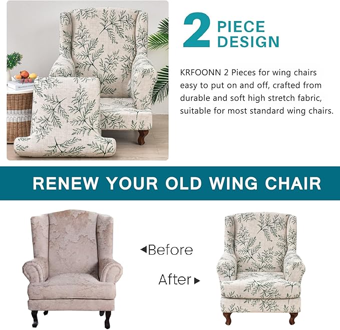 KRFOONN Stretch Wing Chair Slipcovers Printed 2 Piece Wingback Chair Covers