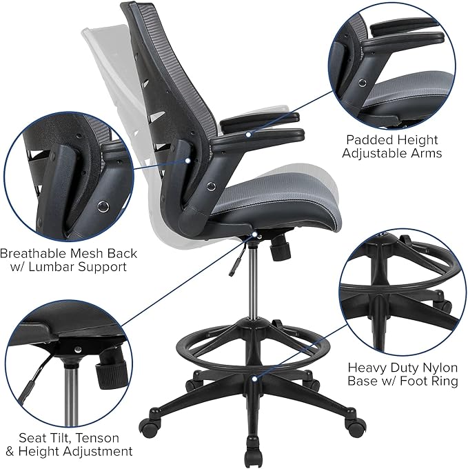 Flash Furniture Kale High Back Dark Gray Mesh Spine-Back Ergonomic Drafting