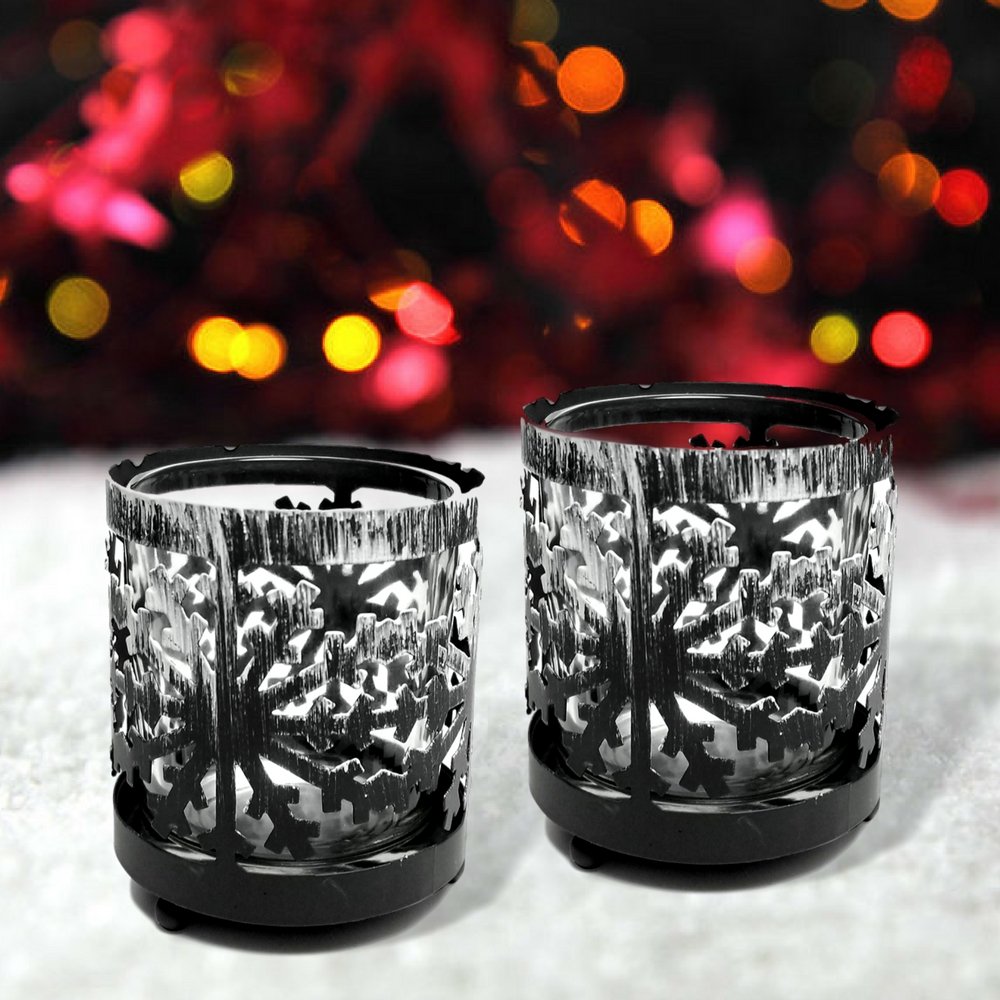 Metal Snowflake Candle Holders Set of 2 with Glass Votive Inserts, Winter Table Centerpiece Decorations, Christmas Snowflake Decor for Dining Table, Mantel, Shelf, Holiday Home Accent, 3 Inch Height