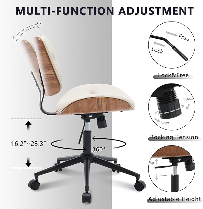 Armless Home Office Chair with Wheels, PU Leather Adjustable Height Computer