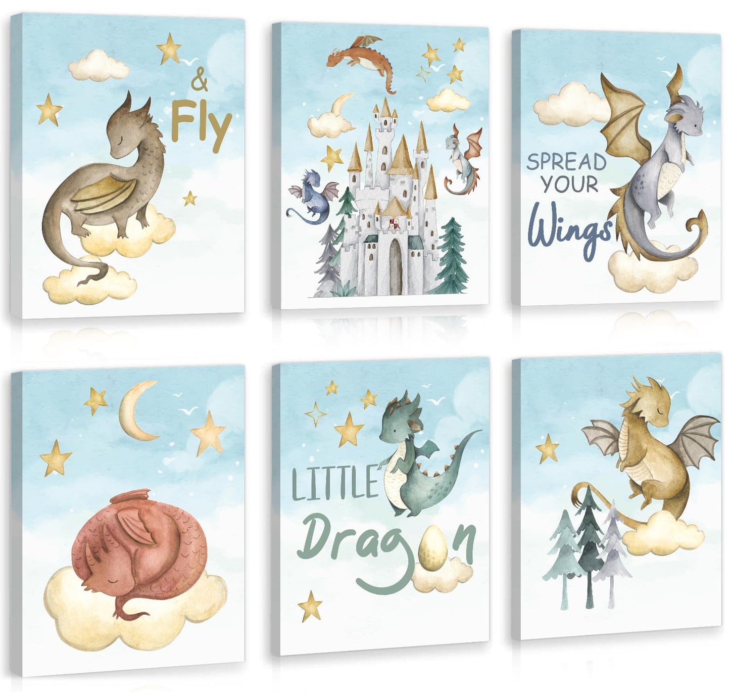 CHDITB Dinosaur Canvas Wall Art Nursery Wall Decor, Set of 6(8x10 inch) Cute Dream Dinosaur Cub Framed Art Prints, Baby Dinosaurs Cartoon Castle Animals Poster For Children's Boy Kids Room Bedroom