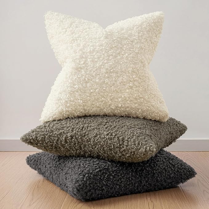 Faux Fur Throw Pillow Covers 18x18 Inch Set of 2 Boucle Neutral Decorative