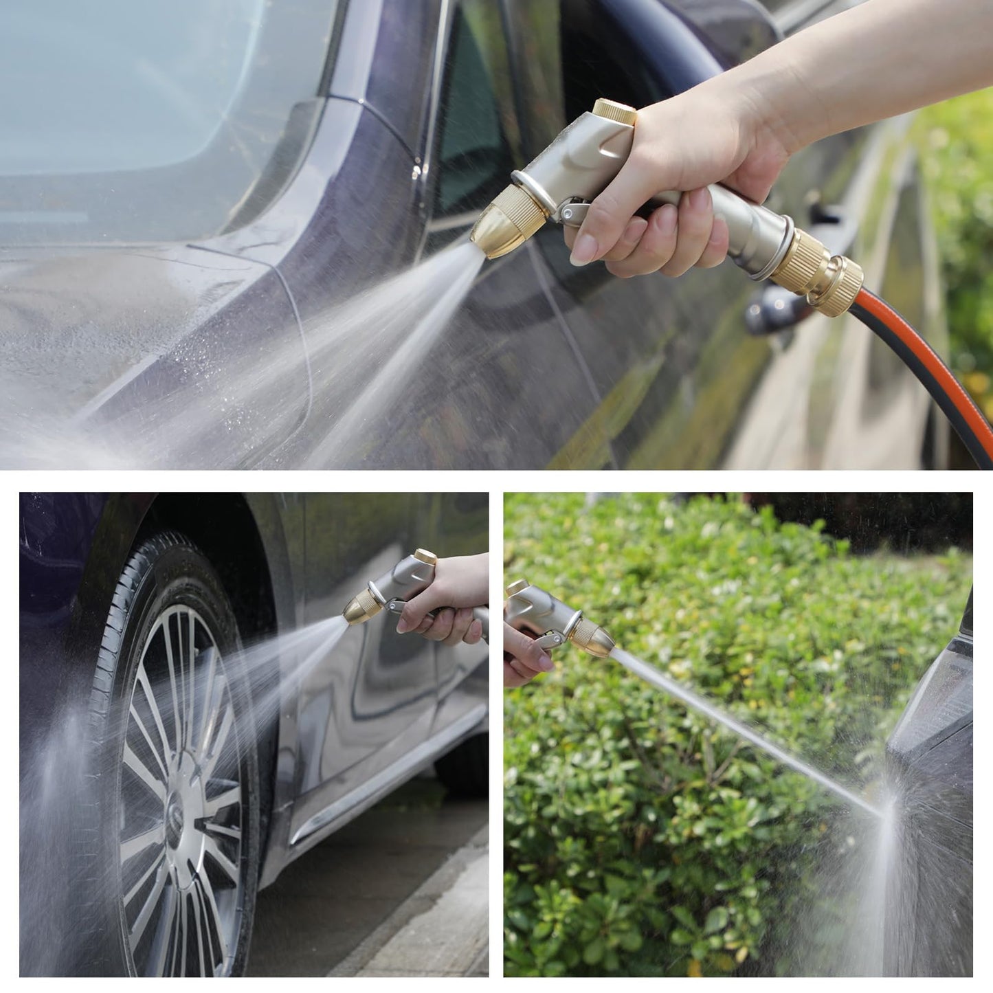 Garden Hose Nozzle with Full Brass Nozzle, 100% Metal Hose Sprayer with 4 Adjustable Patterns, Heavy Duty Water Nozzle for Garden, Lawns, Cars, Showering Pet & Windows