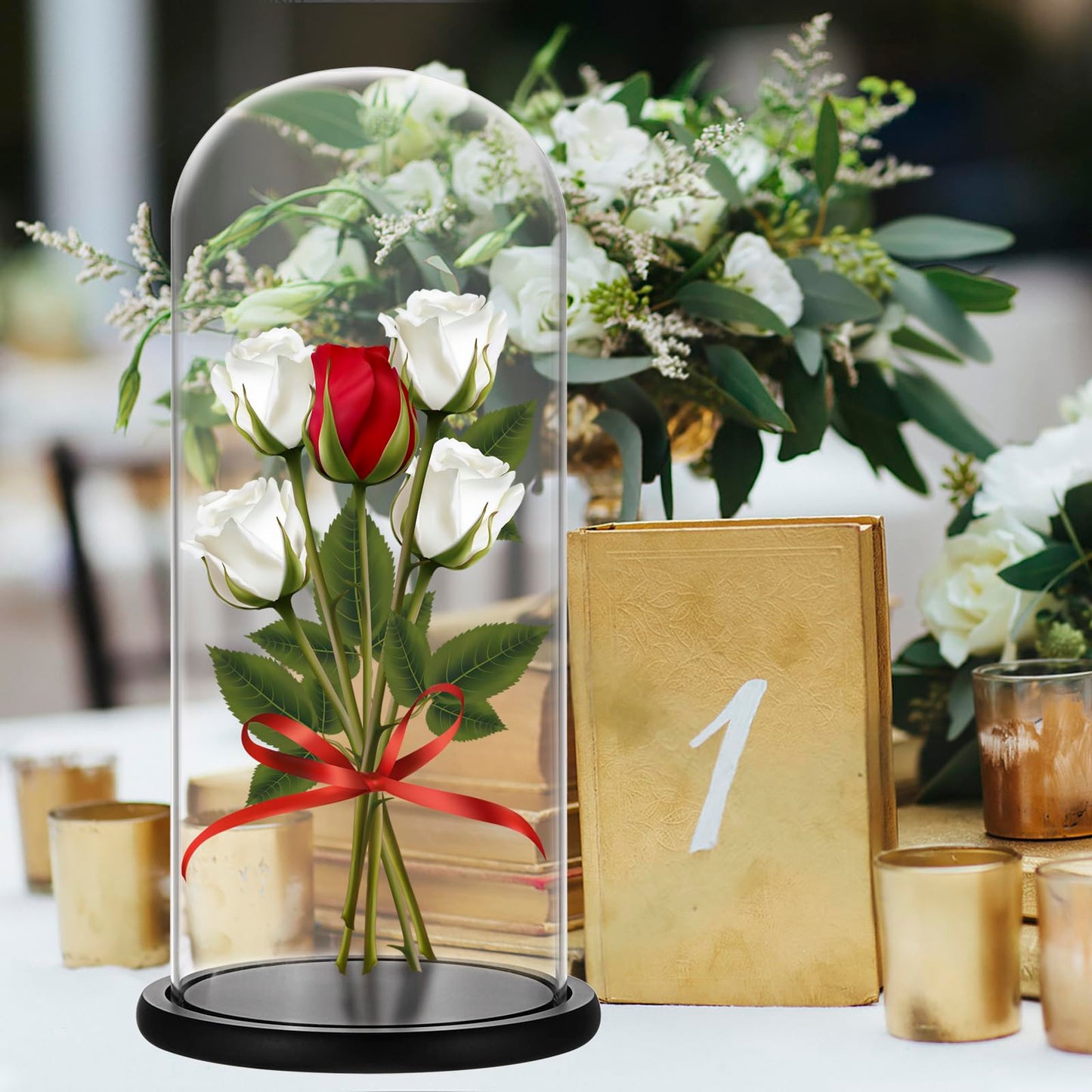 JUXYES 13.8 Inches Glass Display Dome Cloche with Black Wood Base, Clear Glass Dome Cloche Bell Terrarium Jar Glass Cloche Bell Jar Display for Plants Collectible Figure, 15x35cm