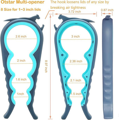 Otstar Jar Openers for Weak Hands, 5 in 1 Bottle Opener for Seniors with Arthritis - Multifunctional Lid Remover Set, Includes Non-slip Rubber Jar Gripper Pad, Wine Opener (Blue and Grey)