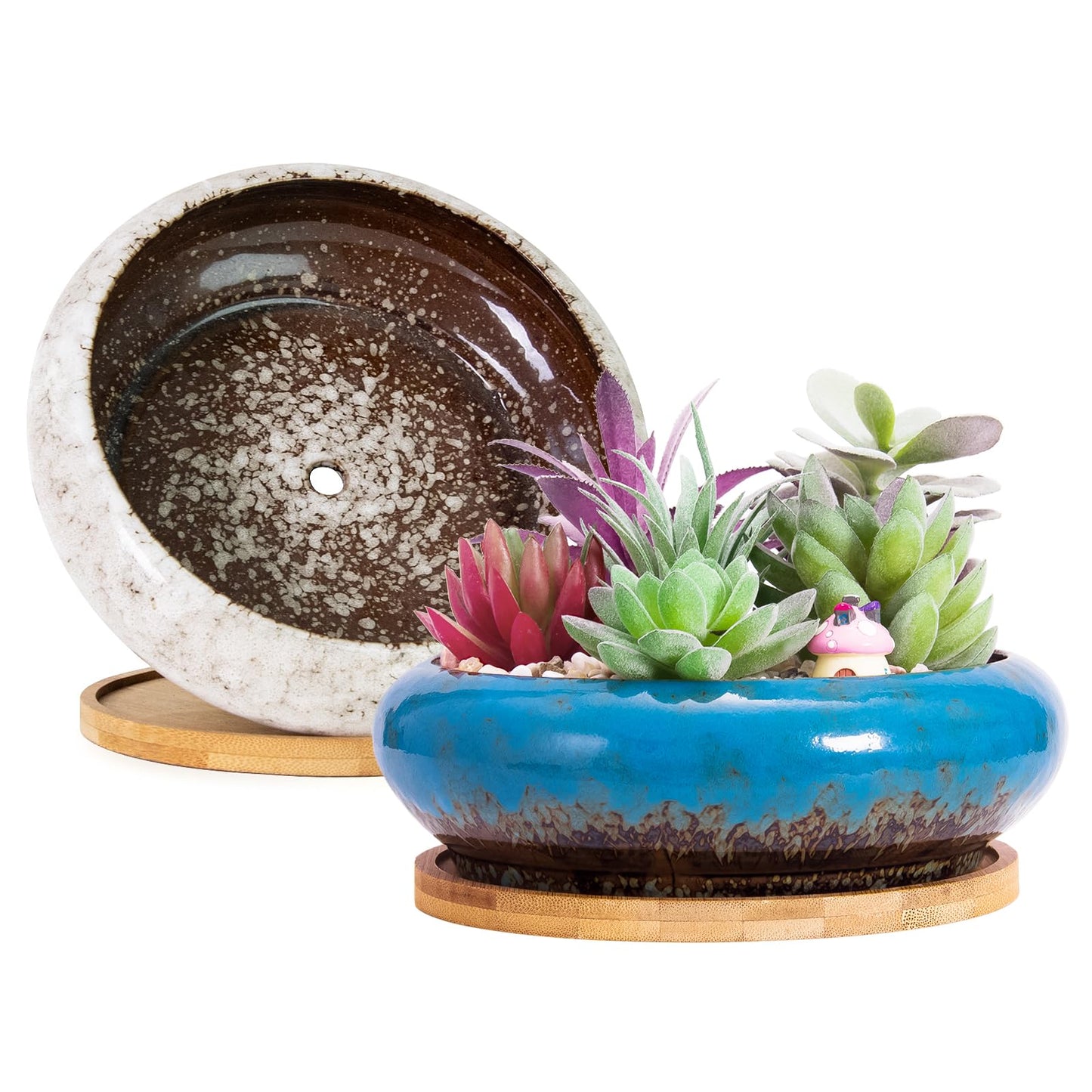 ARTKETTY Succulent Pots - Large Succulent Planters with Drainage, 7.3 Inch Ceramic Bonsai Pots with Bamboo Tray Set of 2, Shallow Cactus Flower Planter Bowl for Indoor