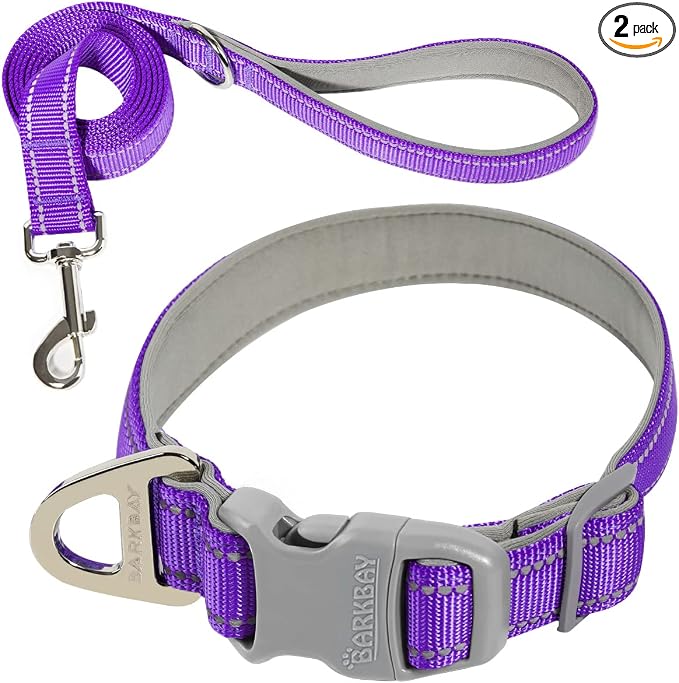 Dog Collar for Medium Small Large Dogs Reflective with Leash,Collar and Leash for Dogs,Soft Neoprene Padded 2 Pack(Purple,L)