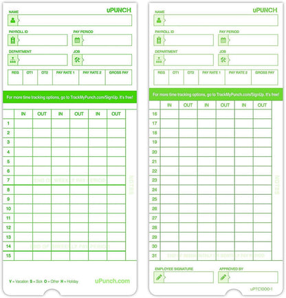 uPunch Time Clock Cards Hn3000, Two Sides, 7.37 X 3.37, 50/Pack