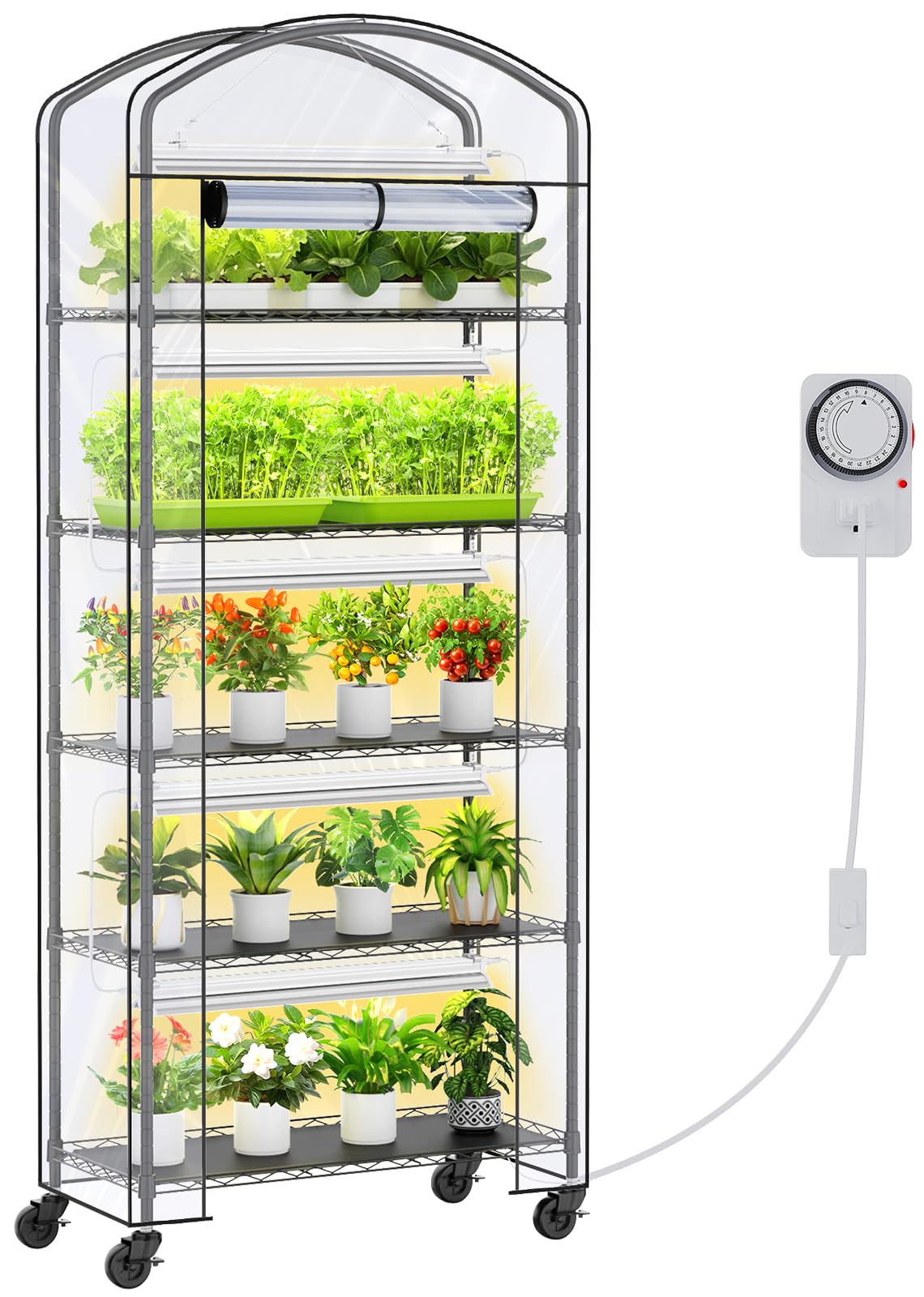 CUVERC Small Indoor Greenhouse with Grow Light & PVC Cover Portable Mini Greenhouse Tent Shelves Adjustable 5 Tier Metal Plant Stand with Grow Light for Indoor Plants, Seed Starting, 29.5"x13.7"x71"