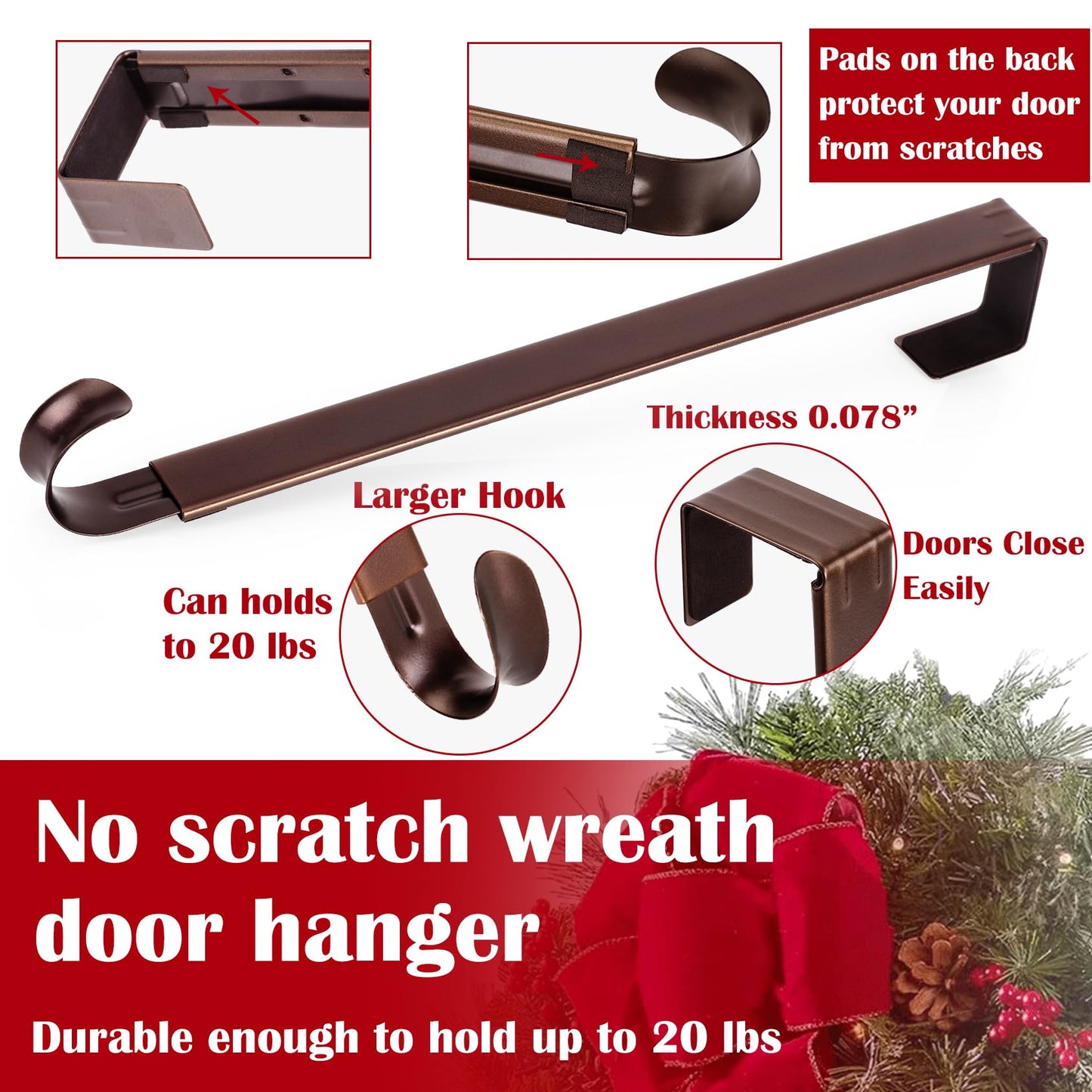 2 Pack Wreath Hanger for Front Door, 20 lbs Christmas Wreath Door Hanger, Non Scratch Over the Door Hooks for Xmas Easter Halloween Fall Wreaths Décor Welcome Sign, Adjustable from 15 to 25 in Hangers