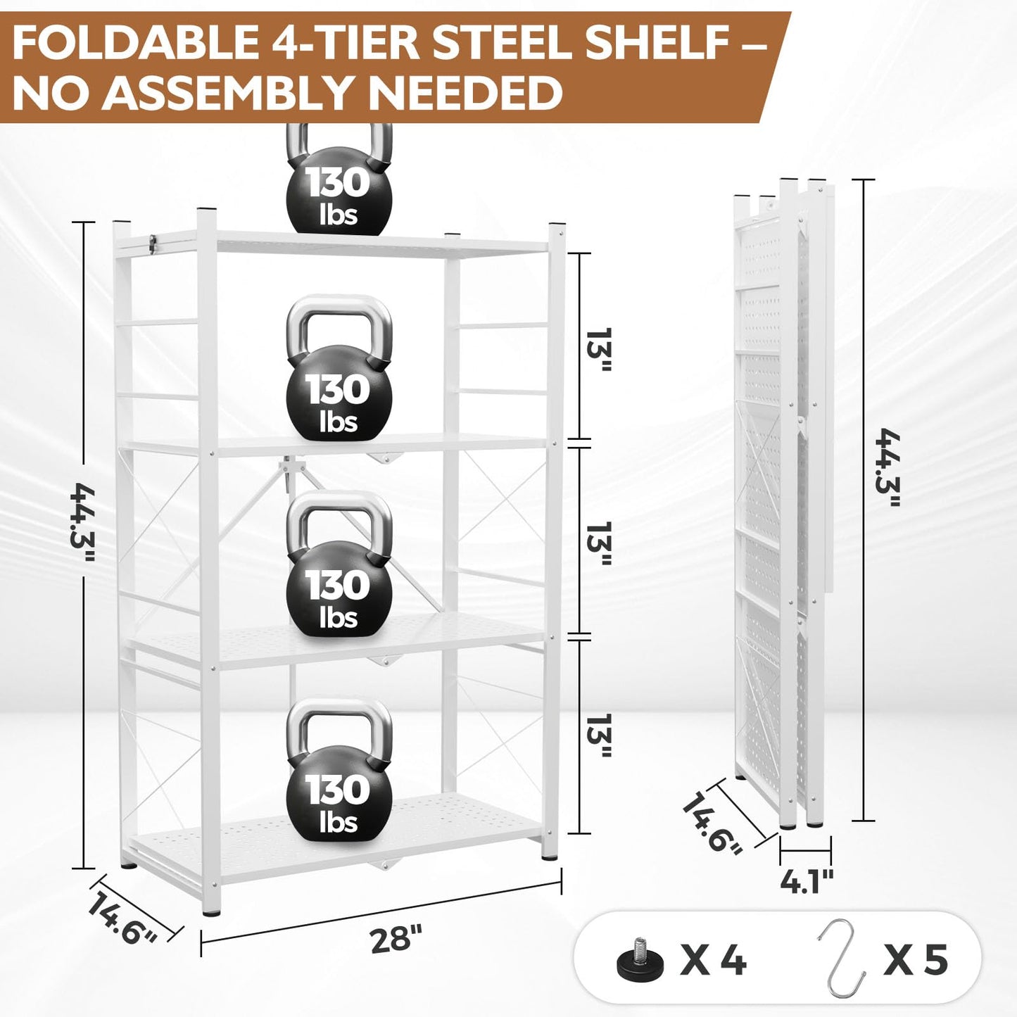 EAGLE PEAK 4-Tier Foldable Greenhouse Shelf, Heavy Duty Metal Storage Rack, No Assembly Steel Shelving Unit, Plant Stand for Greenhouse and Multi-Use Storage, 28”x14.6”x44.7”, 520 lbs, 2 Pack, White