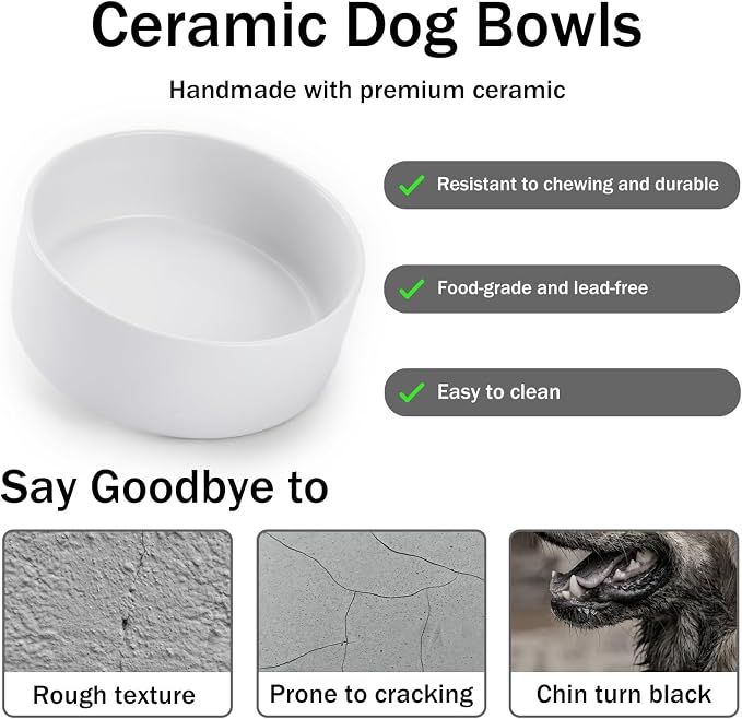 MateeyLife Ceramic Dog and Cat Bowls with Stand, 2-Pack Food and Water Bowl Set - Non-Slip Pet Bowls for Cats,Puppies and Small Dogs, 13.5OZ（White）