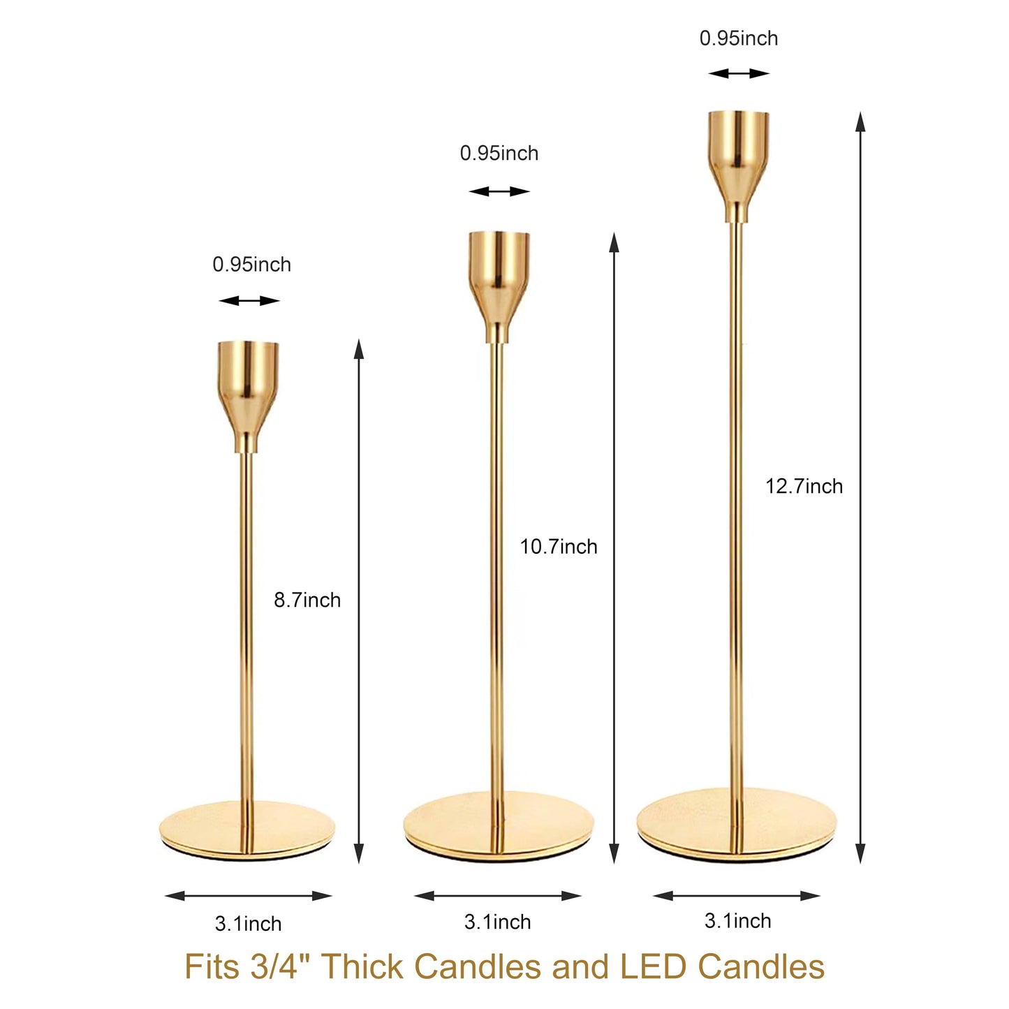 NLBTW Gold Taper Candle Holders, Set of 3 Metal Candlestick Holders for Candle Sticks Holder Decor, Ideal for Mantle Table Centerpiece, Weddings, Dining, Housewarming Gift & Anniversaries