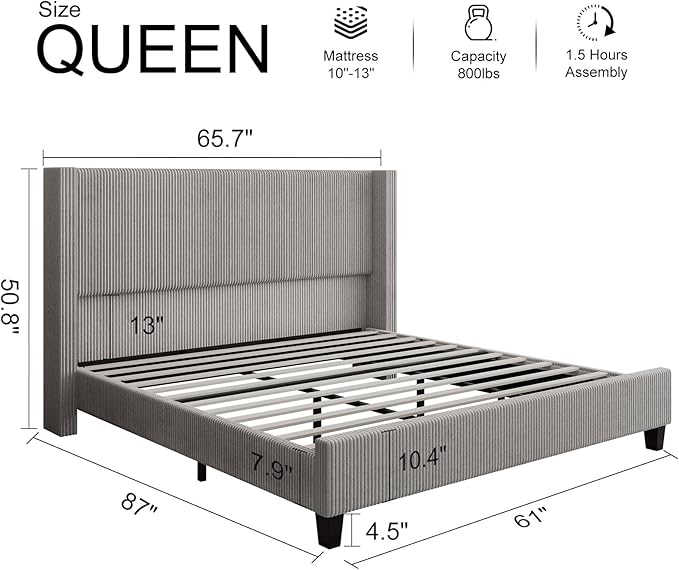 HOWE Queen Size Bed Frame with 50.8" Tall Wingback Headboard, Modern Corduroy