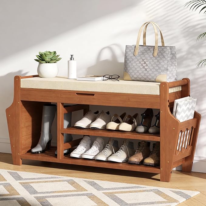 oakvivo 39.4in Shoe Bench with 2 Side Holder, 3 Tier Bamboo Entryway Bench with