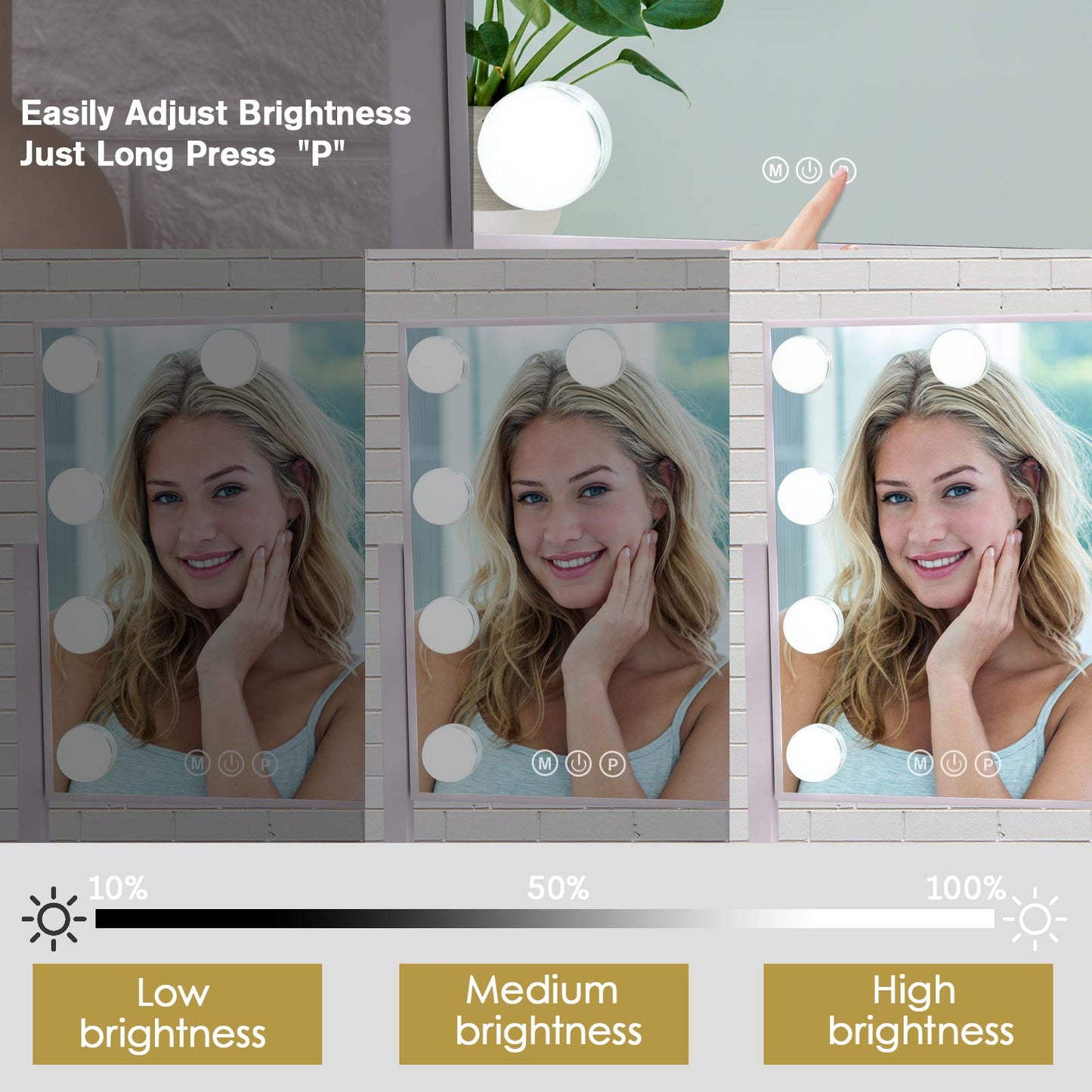 Lighted Makeup Mirror Hollywood Mirror Vanity Mirror with Lights, Touch Control Design 3 Colors Dimable LED Bulbs, Detachable 10X Magnification, 360°Rotation, (White) 12" L x 14" W
