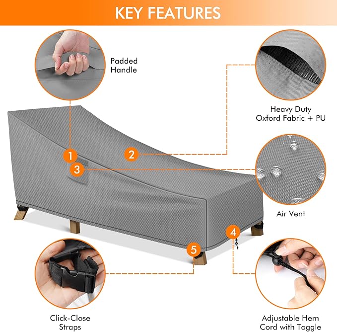WLEAFJ Patio Chaise Lounge Cover Waterproof, Heavy Duty Outdoor Lounge Chair