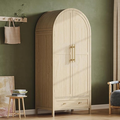 VINGLI Arched Wardrobe Closet Armoire with Drawer, 70" Tall Wooden Wardrobe Closet,Clothing Storage Cabinet, Large Capacity Storage, Natural Oak