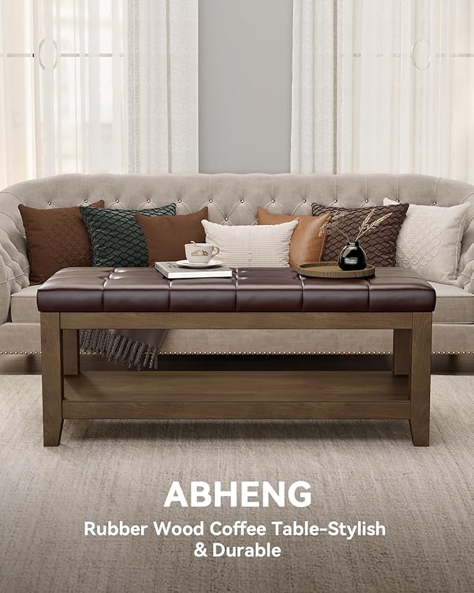 ABHENG Solid Rubber Wood Shoe Bench, Easy-Clean PU Upholstered Seat, 770LB Load