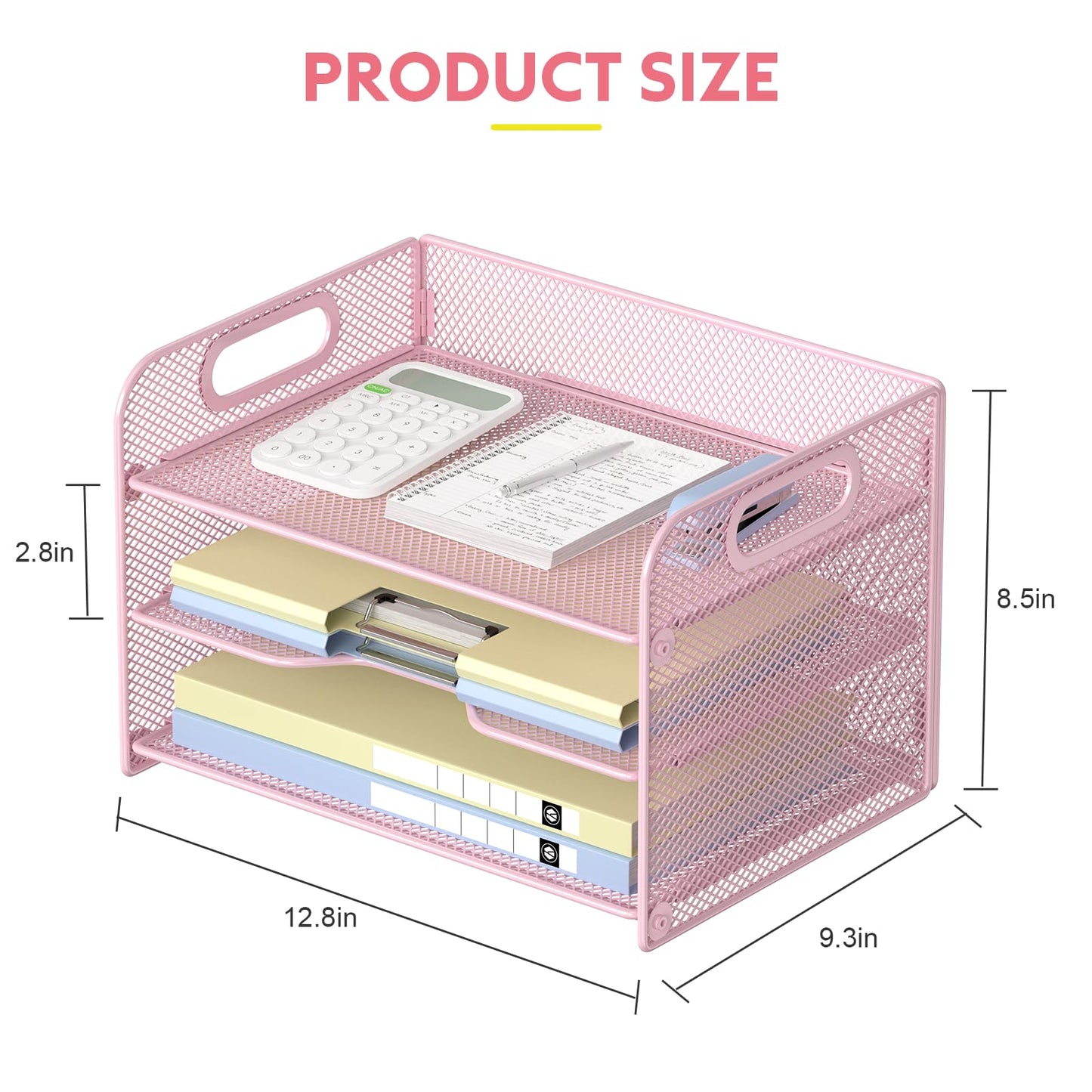 Samstar 3 Tier Pink Letter Tray Paper Organizer with Handle, Mesh Desk Organizer Paper Sorter File Rack Shelves, Pink