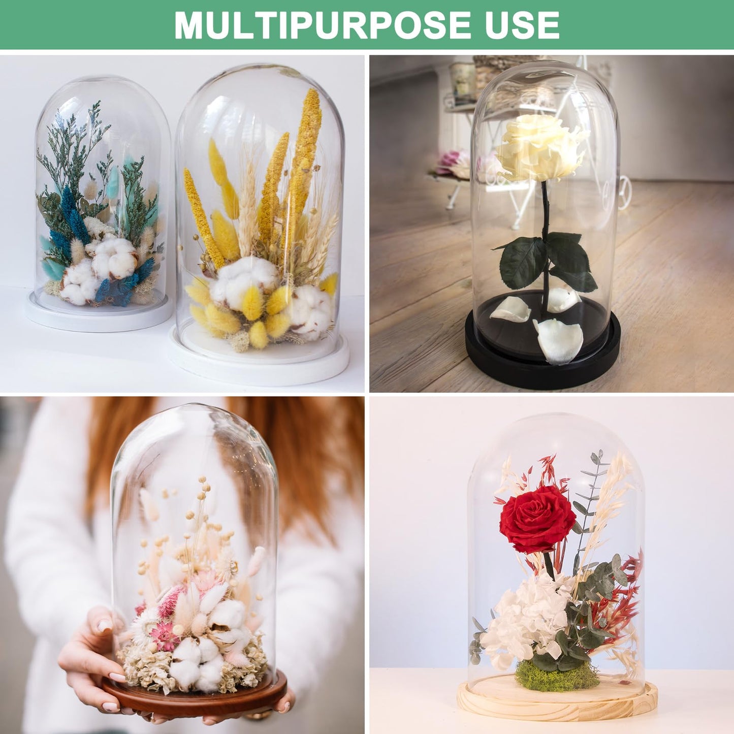 M METERXITY Cloche Glass Dome, 3.9"x2.4" Glass Display Case with Wooden Base for DIY Snow Globes/Small Plants/Flowers/Candles/Models/Souvenirs, Tabletop Centerpiece [Dark]
