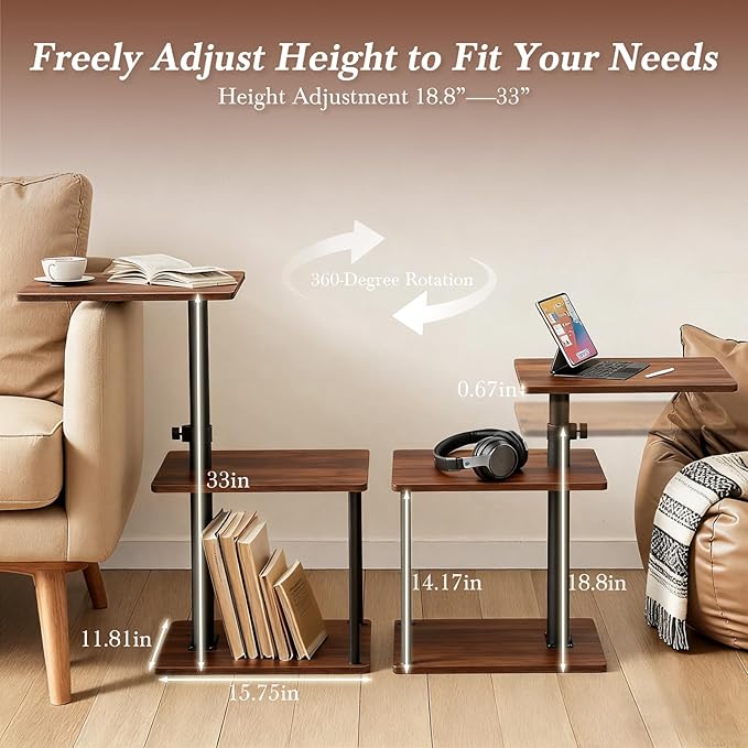 Faesun Swivel Side Table for Couch Arm, Height Adjustable C Shaped End Table