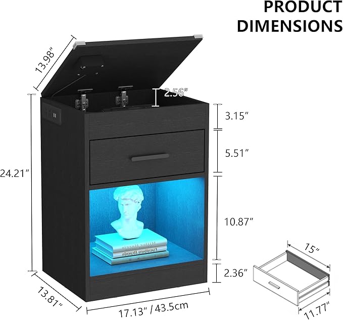 Gyfimoie Led Night Stand with Charging Station & RFID Lock Cabinet, Smart