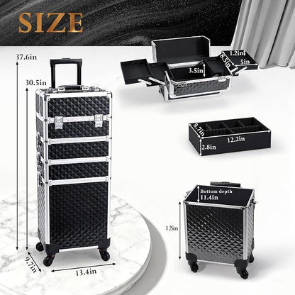 Stagiant Rolling Makeup Case Cosmetology Case on Wheels 4 in 1 Large Cosmetic Organizer Train Case Makeup Travel Case with Key Swivel Wheels Nail Artist Salon Storage Traveling Cart Trunk Black
