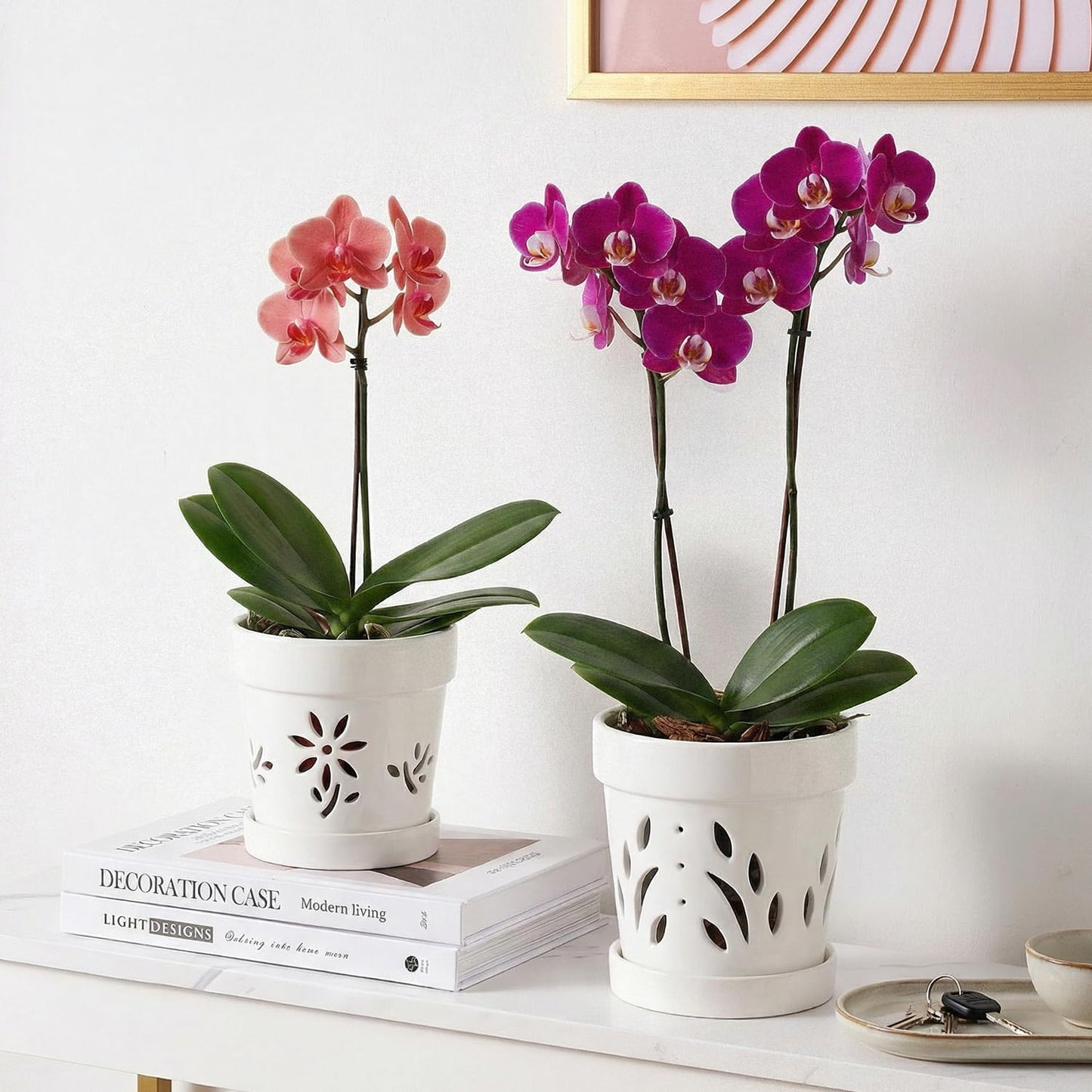 STHIE Orchid Pots, 5 + 6 Inch Ceramic Orchid Pots with Holes, Orchids Planter for Repotting, 2 Pack Promoting Air Circulation, White Flower Pots with Removable Trays